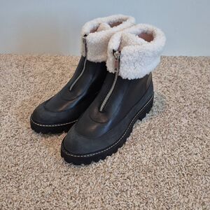 J. Crew Women's 9 Gwen Faux Fur Trim Leather Boots Black Zip Front